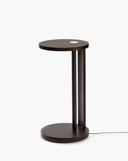 Aura L-shaped side table with LED lighting in brown oak