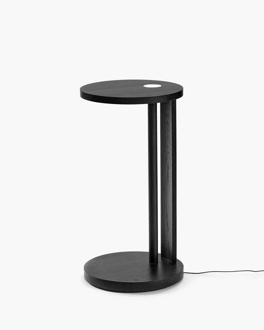 Aura L-shaped side table with LED lighting in black oak