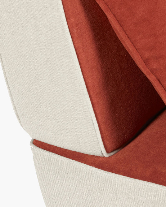 Oranje fluwelen bank + calicot linnen + bruin eiken frame Ono 1