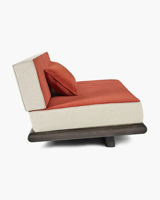 Oranje fluwelen bank + calicot linnen + bruin frame Ono 3