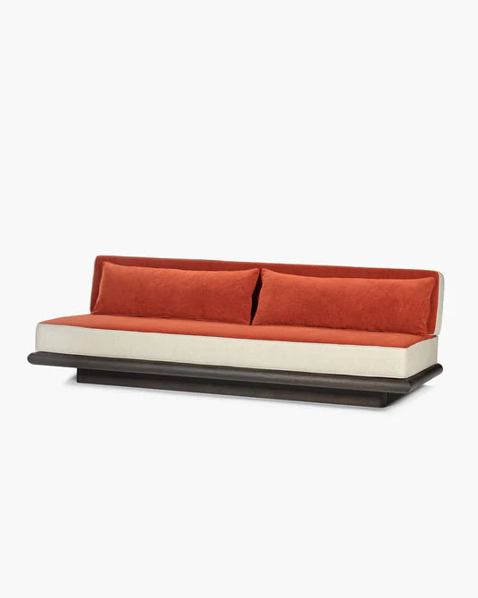 Canapé velours orange + lin calicot + cadre marron Ono 3