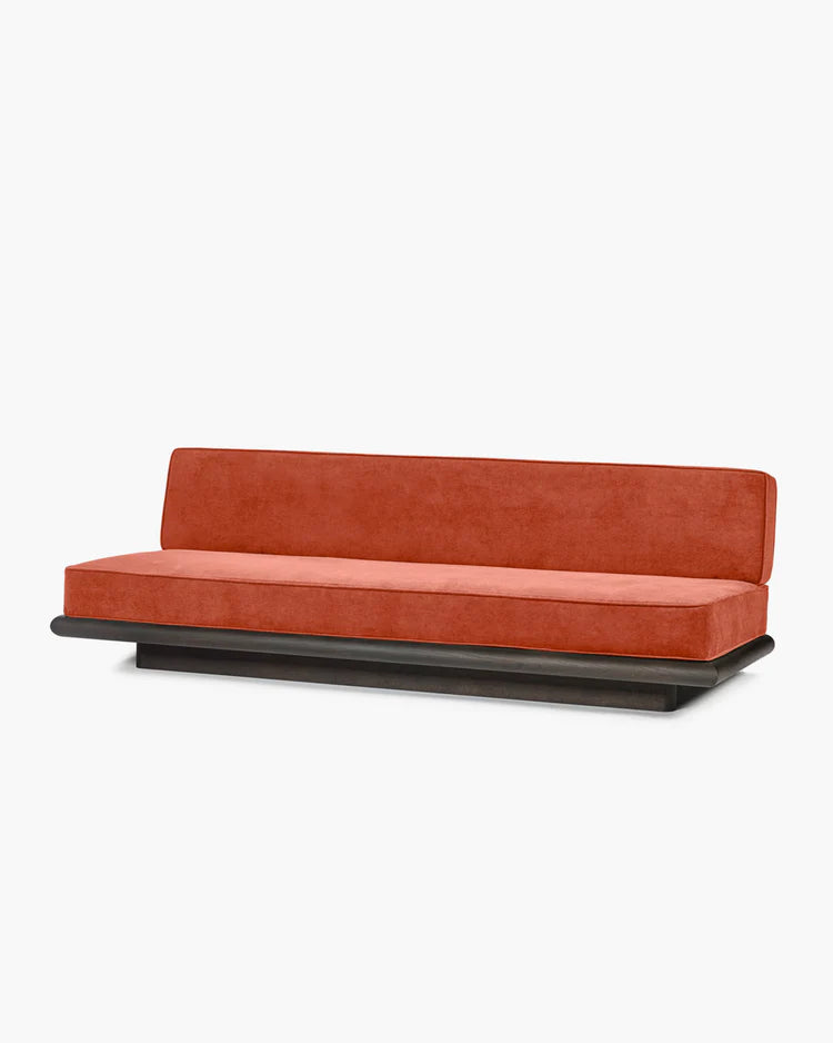 Orange velvet sofa + brown oak frame Ono 3