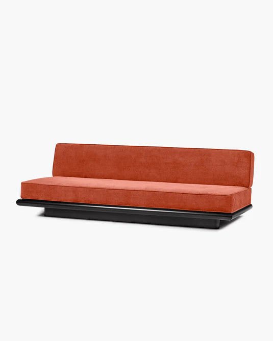 Orange velvet sofa + dark stained tulip frame Ono 3