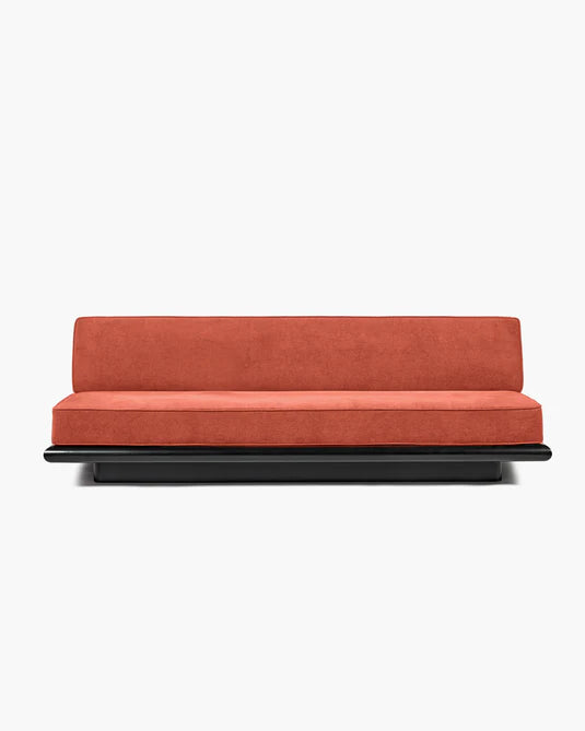 Orange velvet sofa + dark stained tulip frame Ono 3