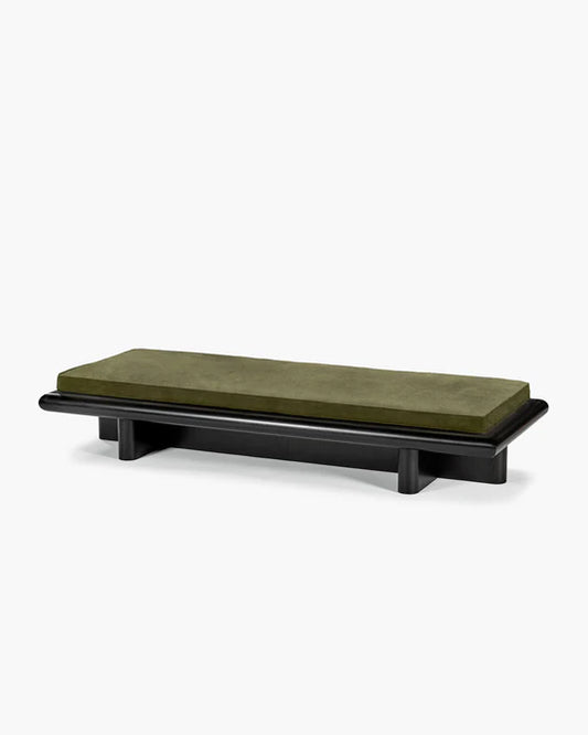 L bench in fern velvet + dark stained tulip frame Taka
