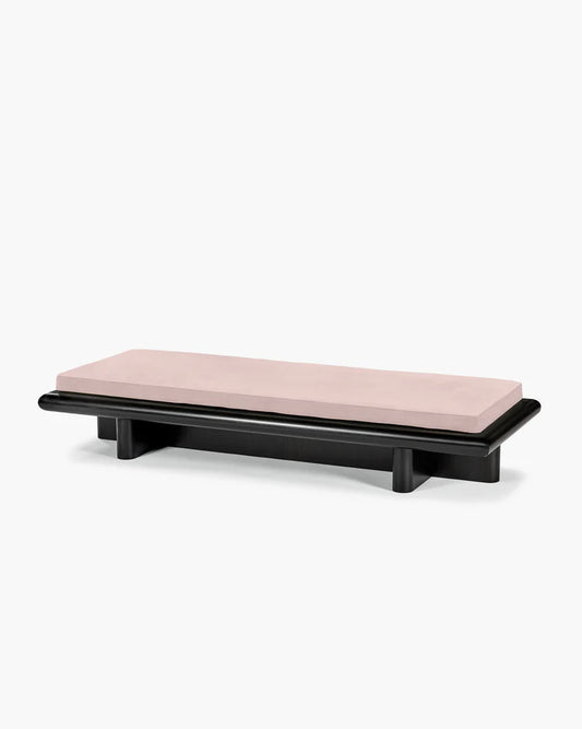 Taka pink velvet L bench + dark stained tulip frame