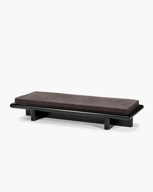 Taka L-shaped velvet shadow bench + dark stained tulip frame