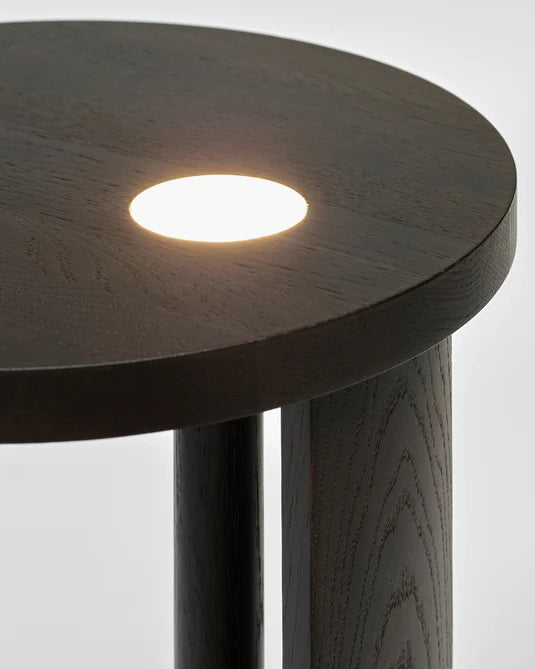 Aura L-shaped side table with LED lighting in brown oak