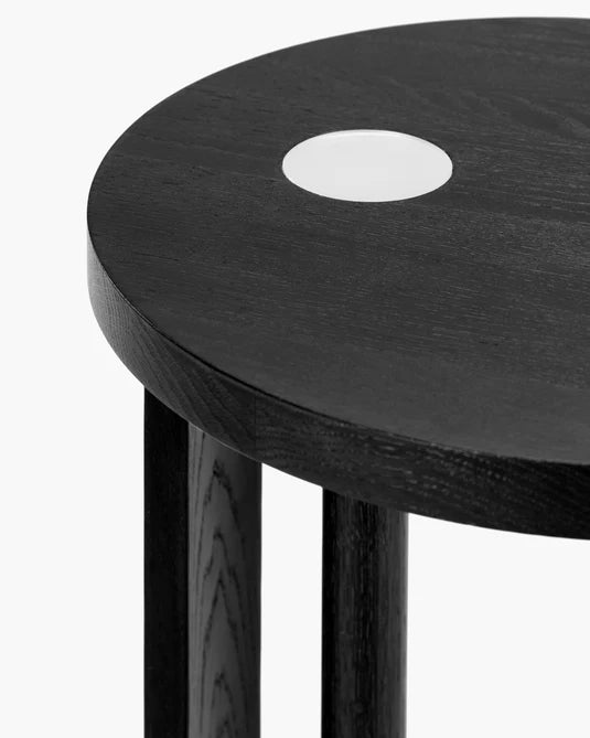 Aura L-shaped side table with LED lighting in black oak