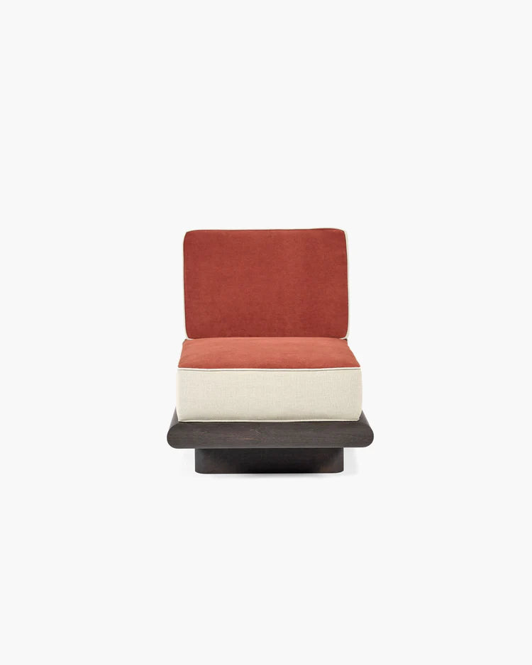 Canapé velours orange + lin calicot + châssis chêne brun Ono 1