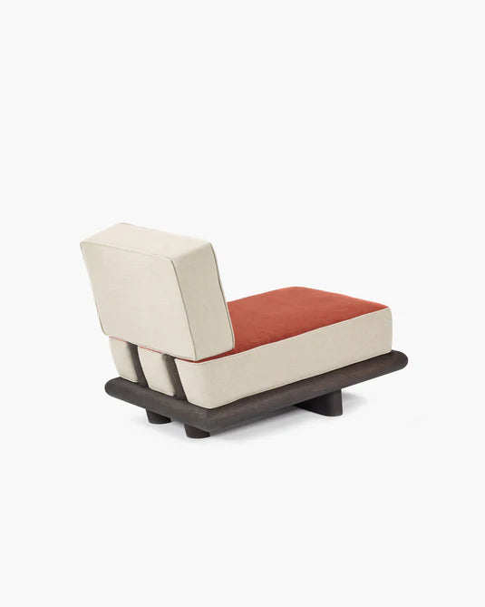 Canapé velours orange + lin calicot + châssis chêne brun Ono 1