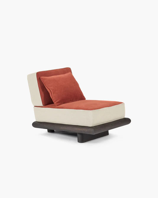 Canapé velours orange + lin calicot + châssis chêne brun Ono 1