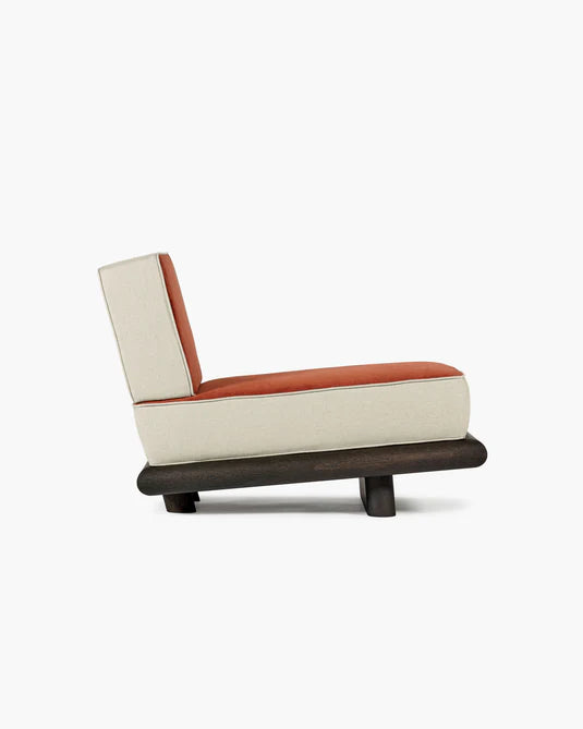 Canapé velours orange + lin calicot + châssis chêne brun Ono 1