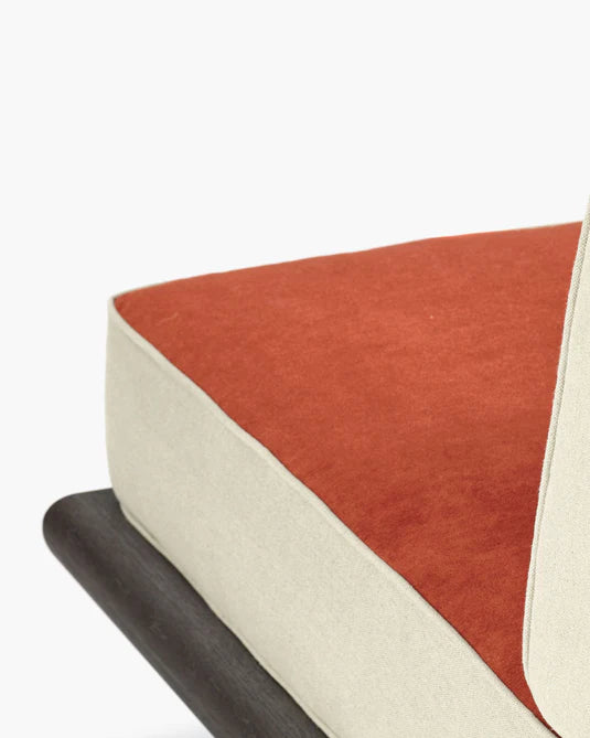 Canapé velours orange + lin calicot + châssis chêne brun Ono 1