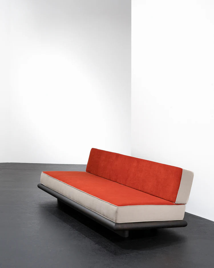 Oranje fluwelen bank + calicot linnen + bruin frame Ono 3