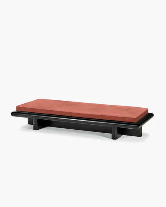 Banc L velours orange + cadre tulipier teinté foncé Taka