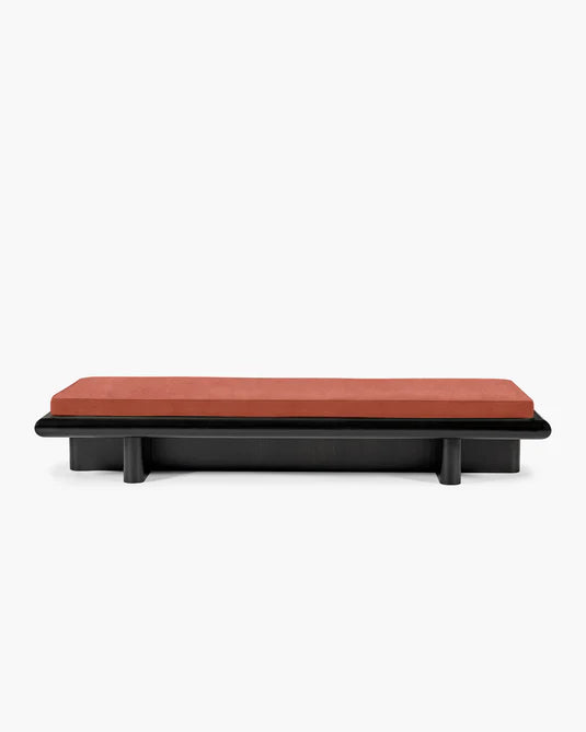 Banc L velours orange + cadre tulipier teinté foncé Taka