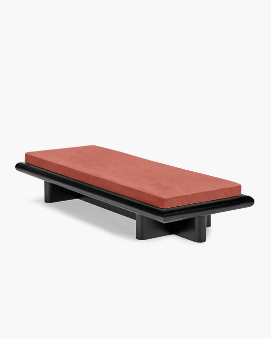 Banc L velours orange + cadre tulipier teinté foncé Taka