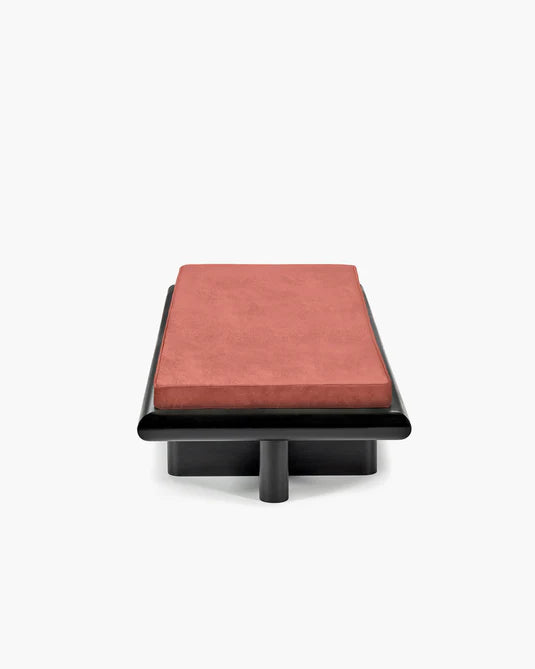 Banc L velours orange + cadre tulipier teinté foncé Taka